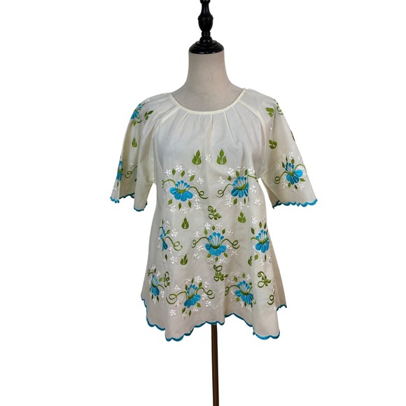 Tops - Vtg Embroidered Floral Blouse Women Ivory Peasant Scalloped Boho Folk Cottage